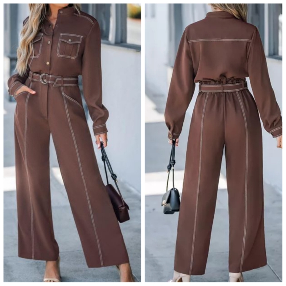 Cupshe Belted Utility Jumpsuit | Size S | NWT | Brown | Structured Fit